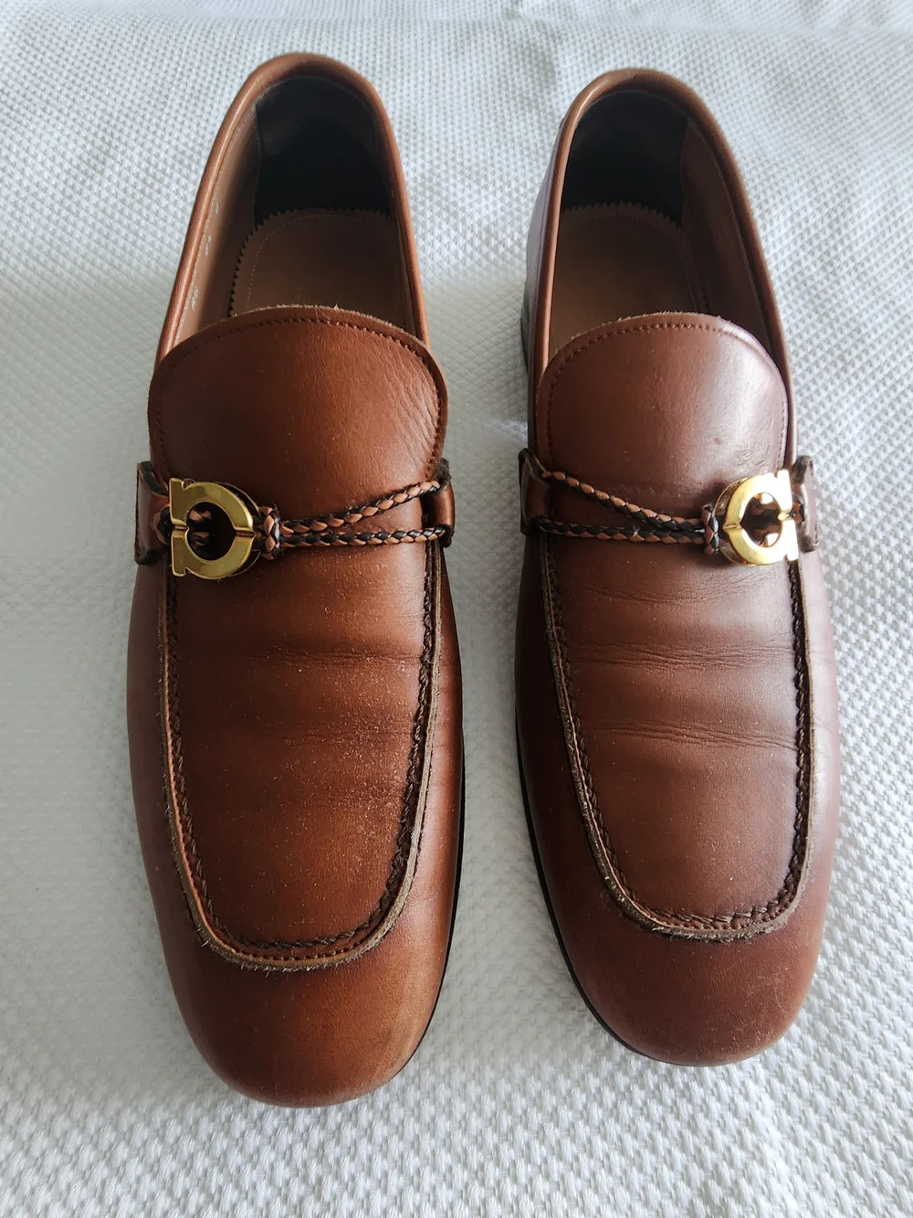 Salvatore Ferragamo Brown Leather Loafers with Gold Buckle Detail